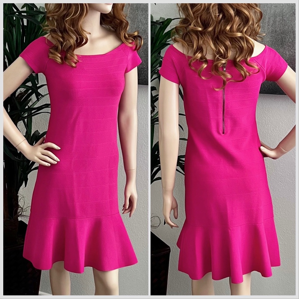 Guess Pink Off the Shoulder Bodycon/Bandage Dress with Flounce Hem